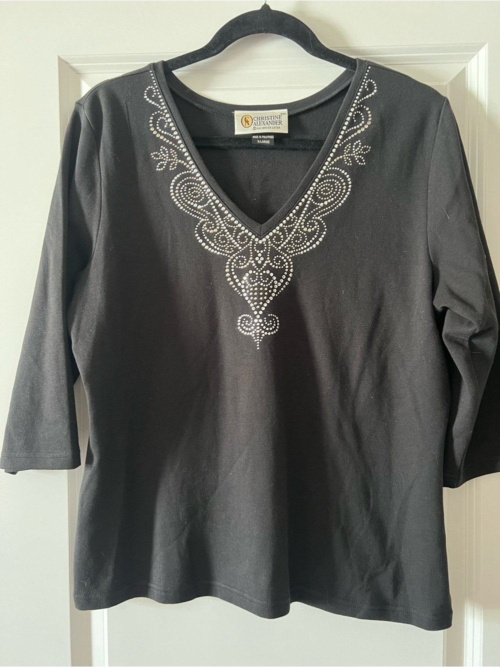 Christine Alexander Black V-Neck Long Sleeve Top with Embellishments